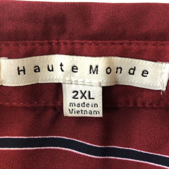 Haute Monde Button Up Blouse Women 2XL Maroon Stripe Semi Sheer Tie Waist & Cuff - Picture 6 of 12